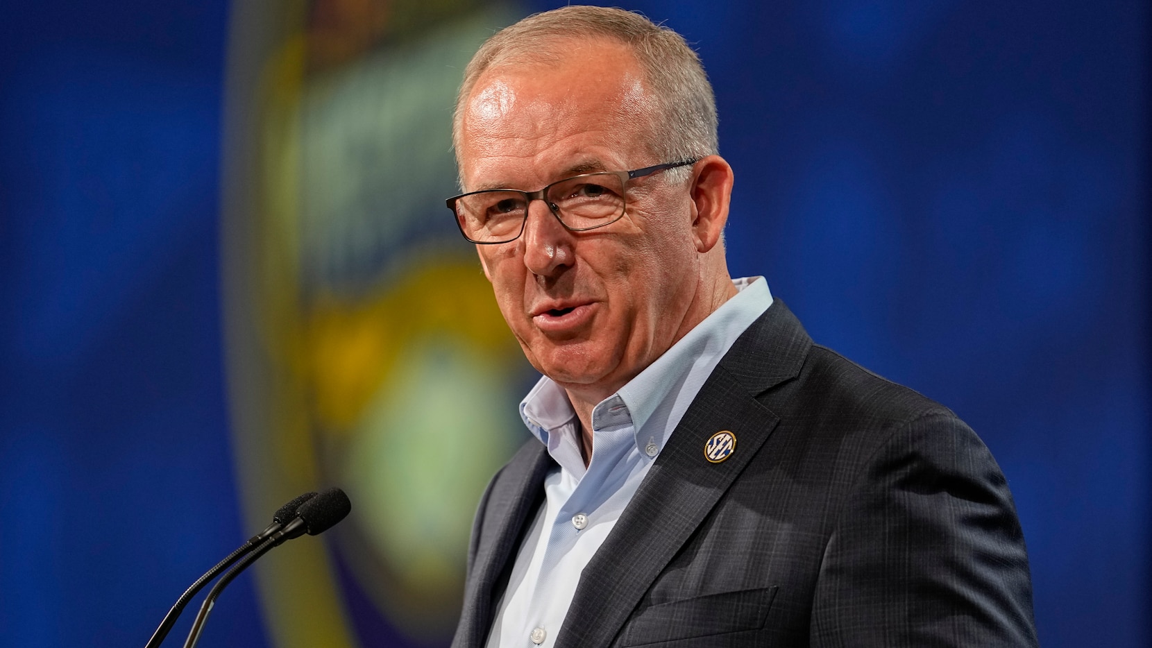 SEC Commissioner Greg Sankey speaks during the NCAA college football Southeastern Conference...